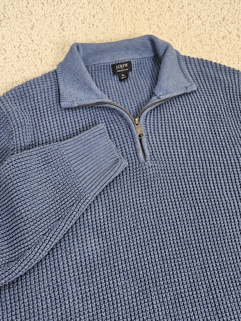 J Crew Mens Sweater Blue Heavyweight Cotton Waffle Quarterzip  XL Mockneck
